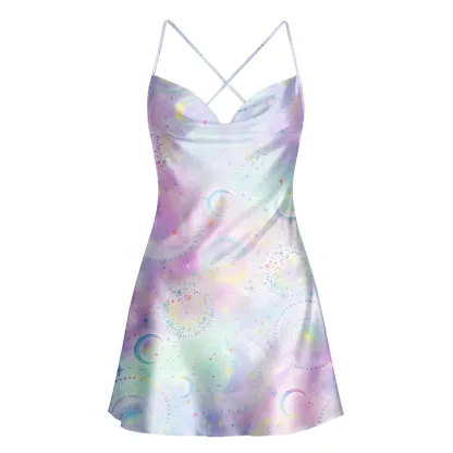 Soulisfree Moon & Stars Watercolor Cowl Neck Satin Mini Dress