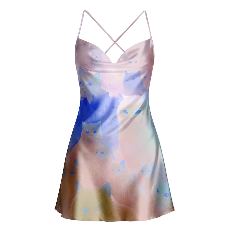 Soulisfree Dreamy Cat Print Slip Cowl Neck Satin Mini Dress
