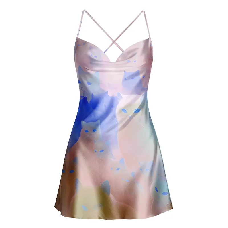 Soulisfree Pop Art Eye Collage Cowl Neck Satin Mini Dress