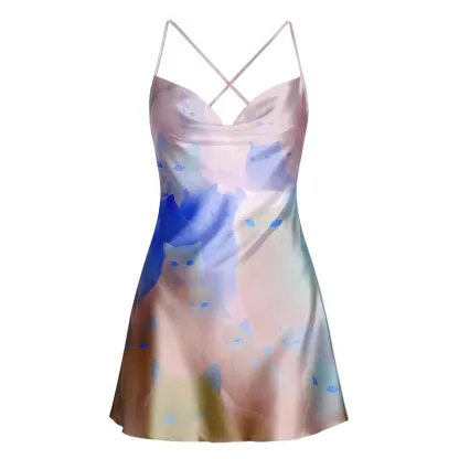 Soulisfree Dreamy Cat Print Slip Cowl Neck Satin Mini Dress
