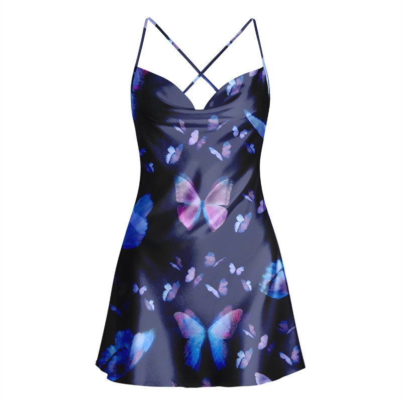 Soulisfree Twilight Flight of Butterflies Cowl Neck Satin Mini Dress