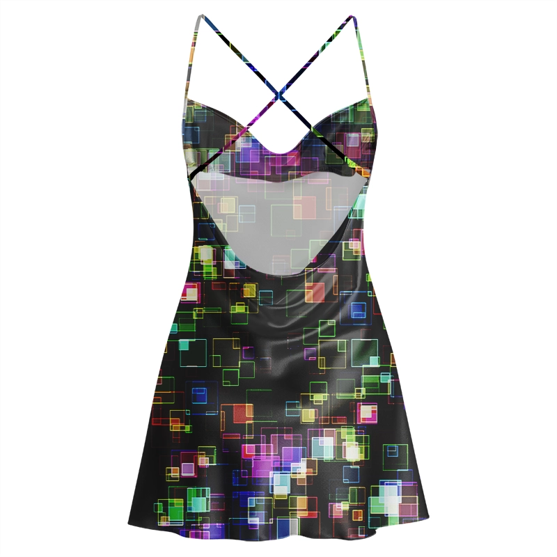 Soulisfree Glitch Color Block Grid  Cowl Neck Satin Mini Dress