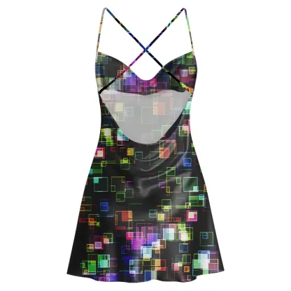 Soulisfree Glitch Color Block Grid  Cowl Neck Satin Mini Dress