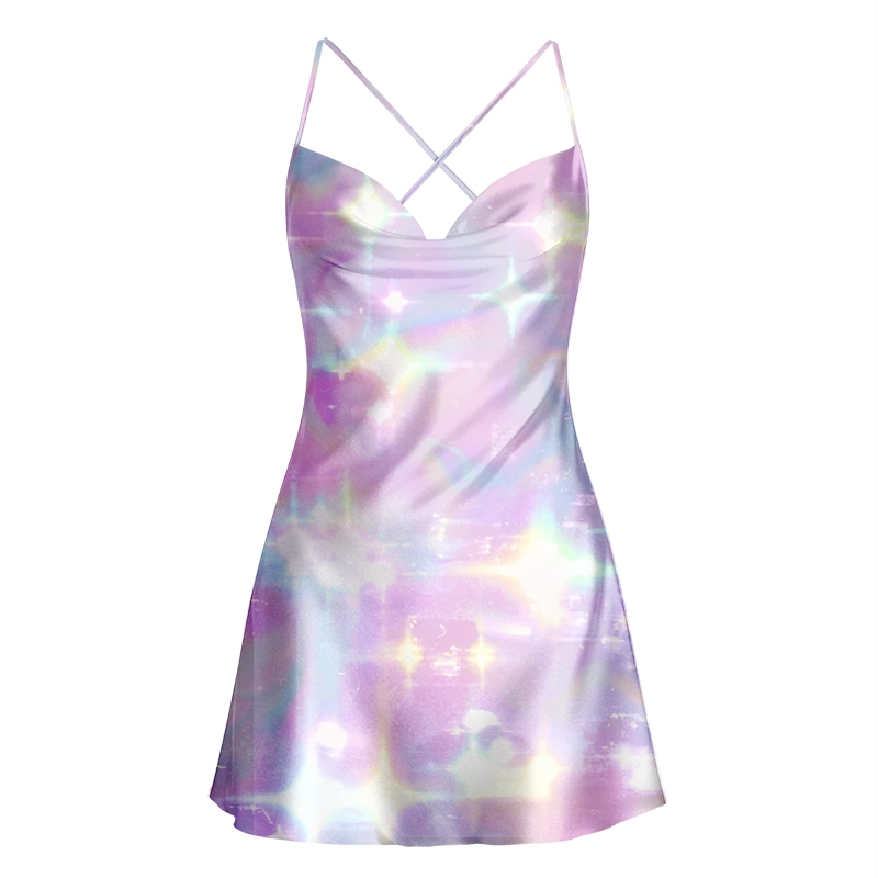 Soulisfree Holographic Dreamscape Cowl Neck Satin Mini Dress