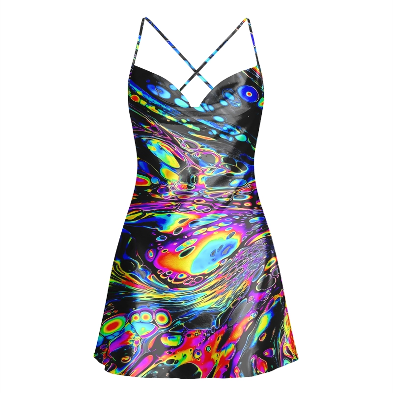 Soulisfree Acid Marble Vortex  Cowl Neck Satin Mini Dress