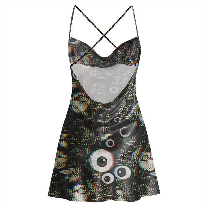 Soulisfree GLITCHY FLORA VISION Cowl Neck Satin Mini Dress
