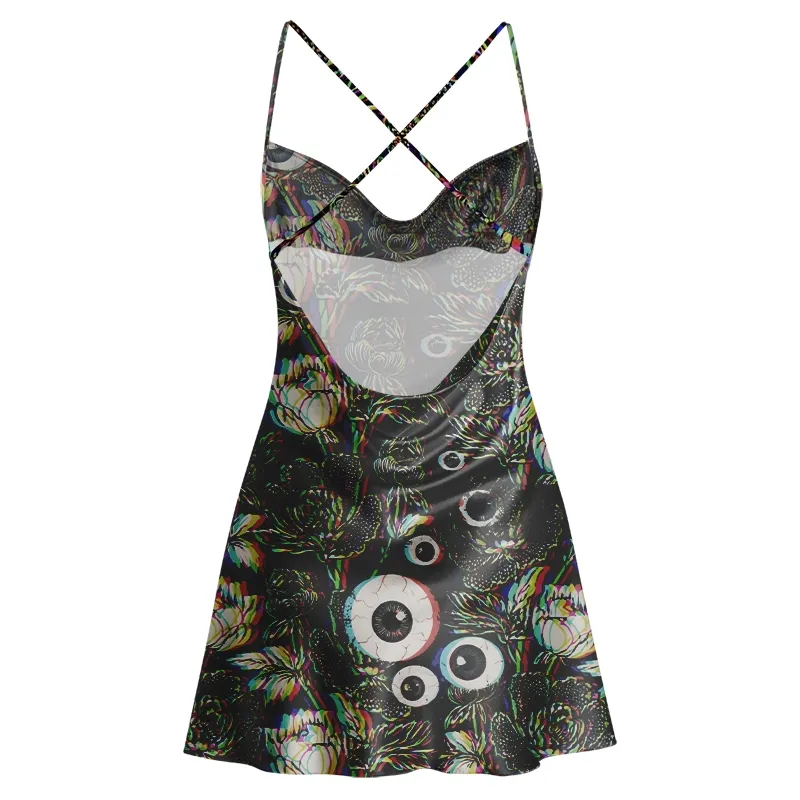 Soulisfree GLITCHY FLORA VISION Cowl Neck Satin Mini Dress