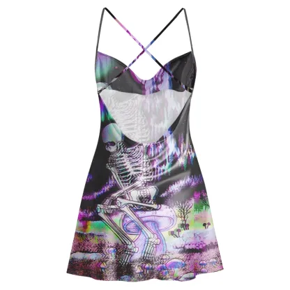 Soulisfree ACID FOREST SKELETON Cowl Neck Satin Mini Dress