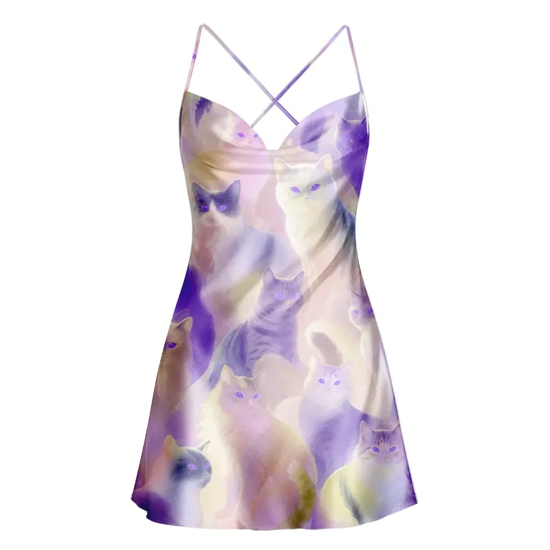 Designed Soulisfree Soft Lavender Kitten Galaxy Cowl Neck Satin Mini Dress
