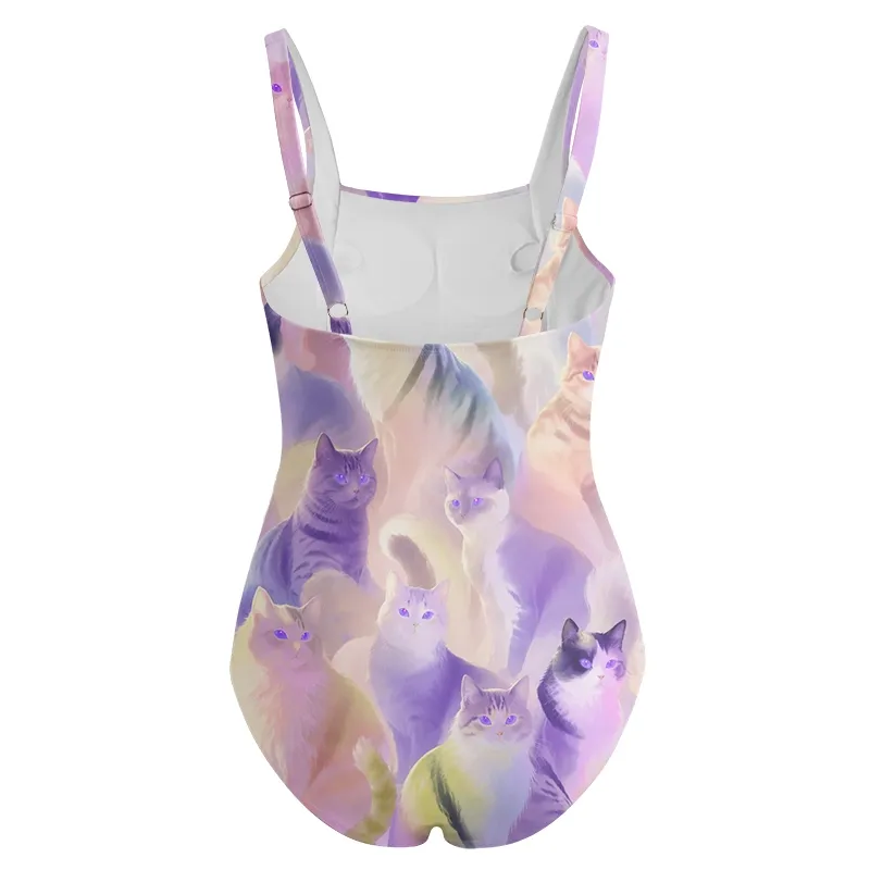 Soulisfree Soft Lavender Kitten Galaxy One‑Piece Swimsuit