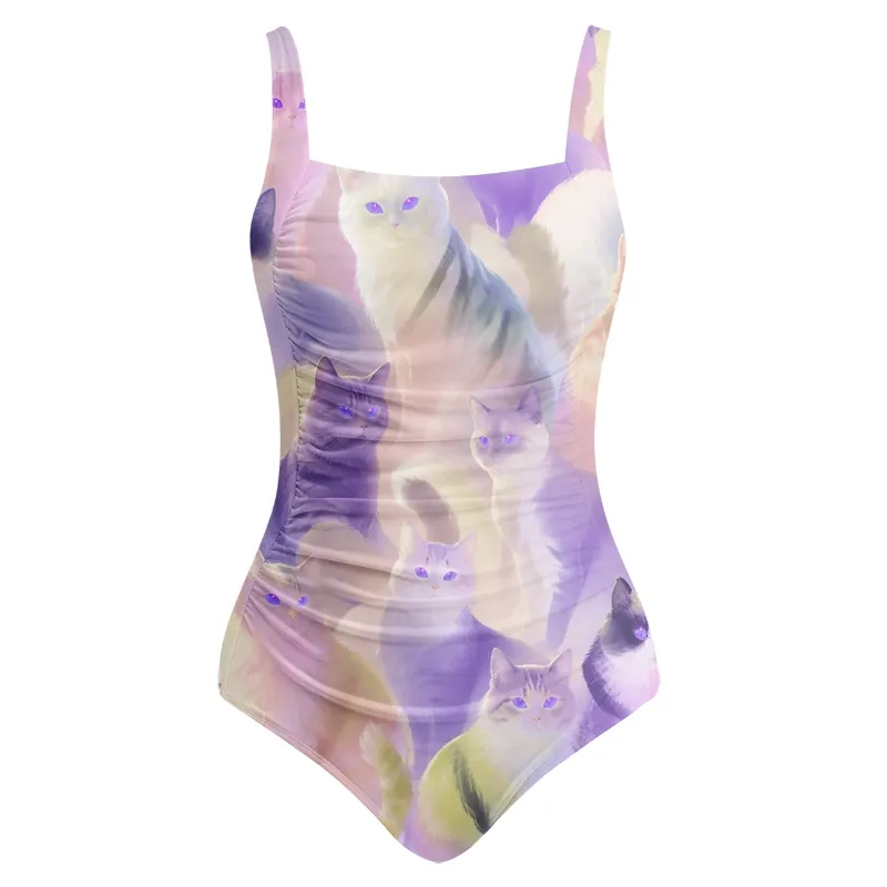 Soulisfree Soft Lavender Kitten Galaxy One‑Piece Swimsuit