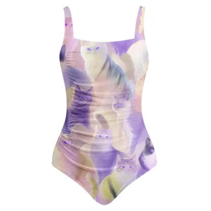 Soulisfree Soft Lavender Kitten Galaxy One‑Piece Swimsuit