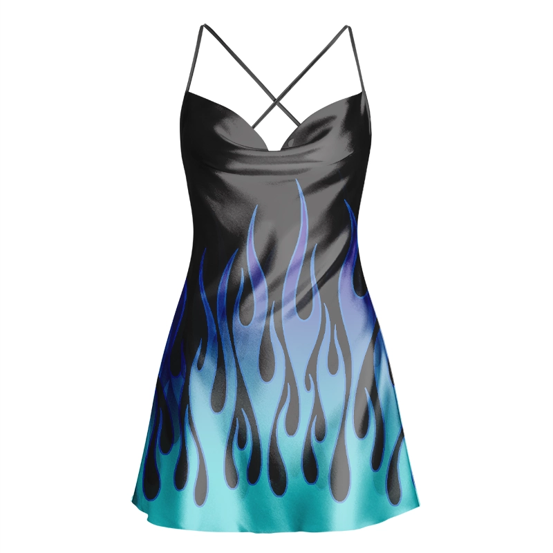 Soulisfree Ice Blue Flames Cowl Neck Satin Mini Dress