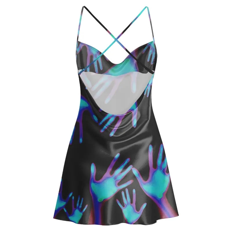 Soulisfree Hologram Hand Print Cowl Neck Satin Mini Dress