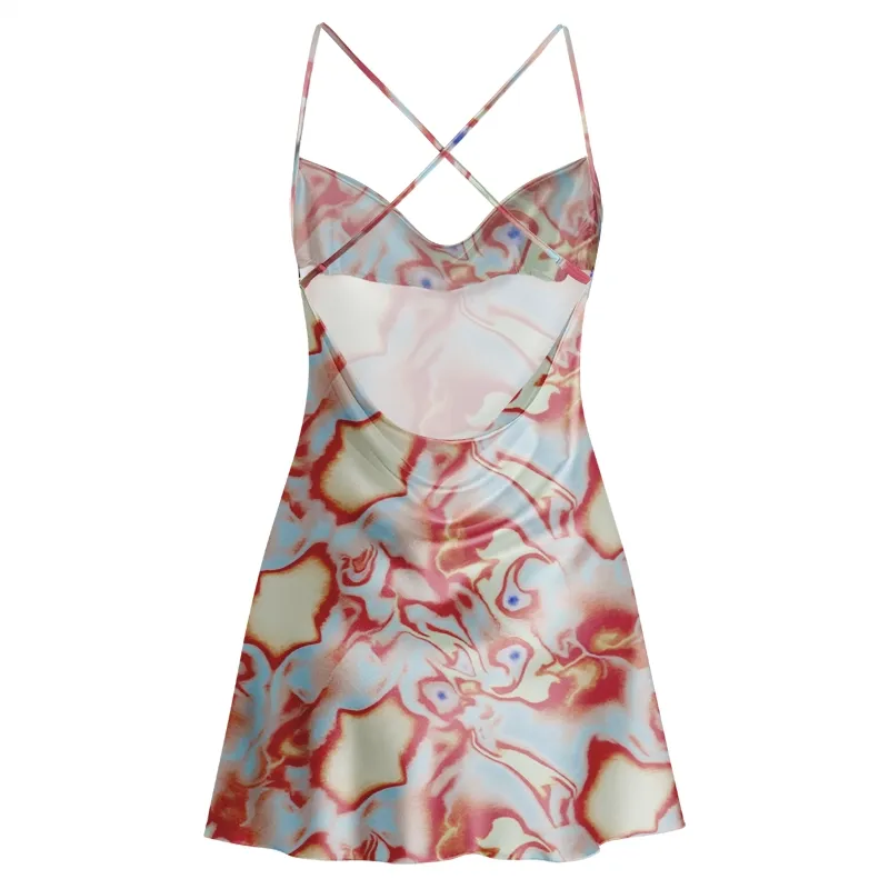 Soulisfree Dreamy Pastel Marbled Swirl Cowl Neck Satin Mini Dress