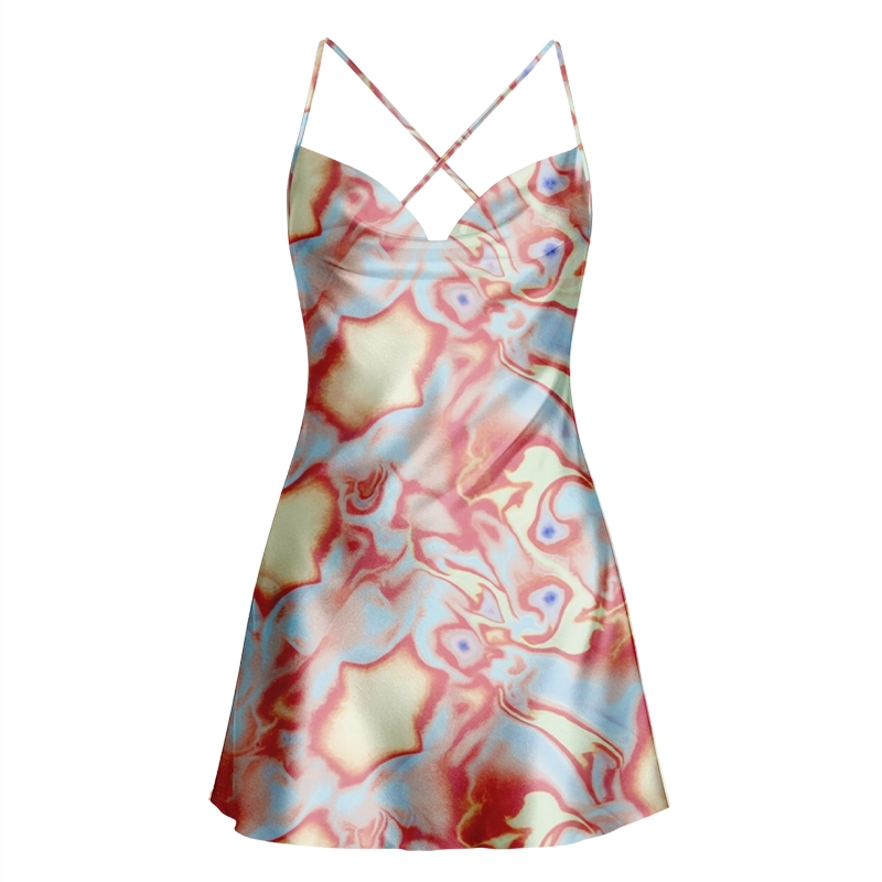 Soulisfree Dreamy Pastel Marbled Swirl Cowl Neck Satin Mini Dress