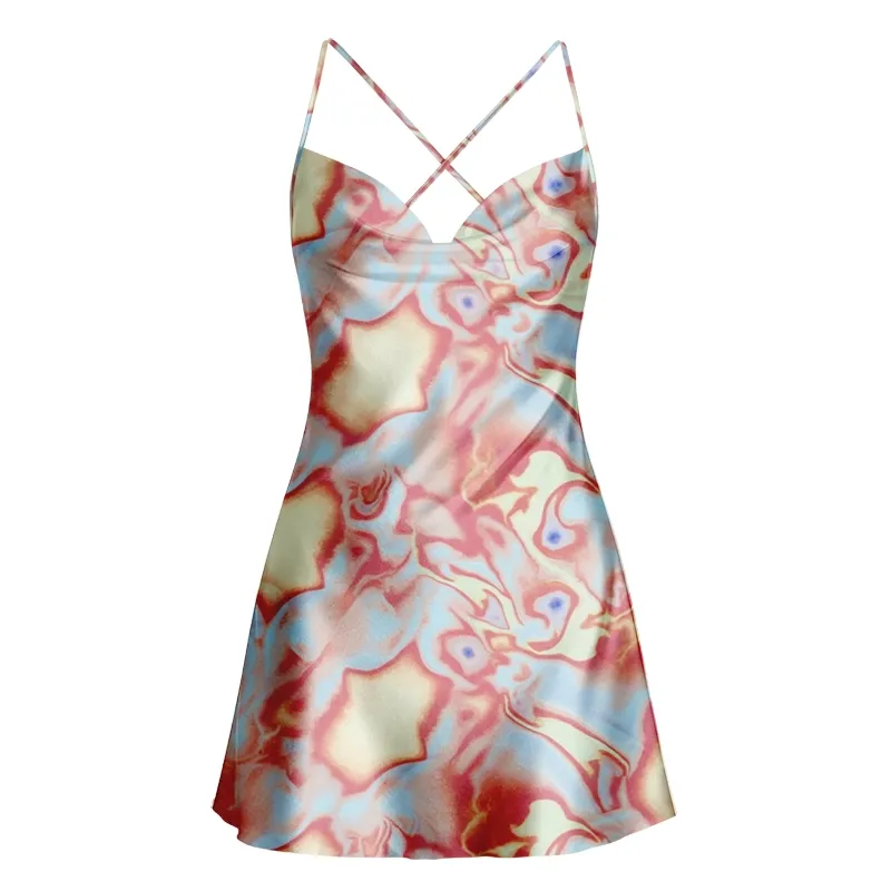 Soulisfree Dreamy Pastel Marbled Swirl Cowl Neck Satin Mini Dress