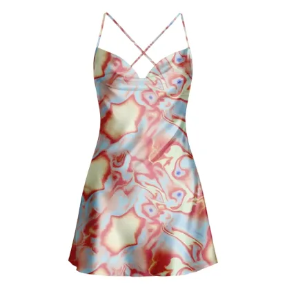 Soulisfree Dreamy Pastel Marbled Swirl Cowl Neck Satin Mini Dress