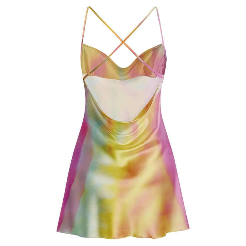 Soulisfree Dreamy Iridescent Tie Dye Cowl Neck Satin Mini Dress