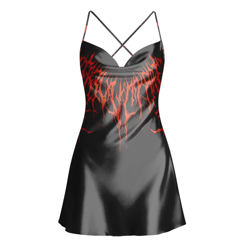 Soulisfree Black Thrash Metal Cowl Neck Satin Mini Dress