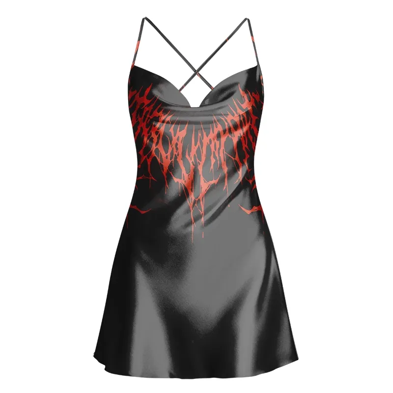Soulisfree Black Thrash Metal Cowl Neck Satin Mini Dress