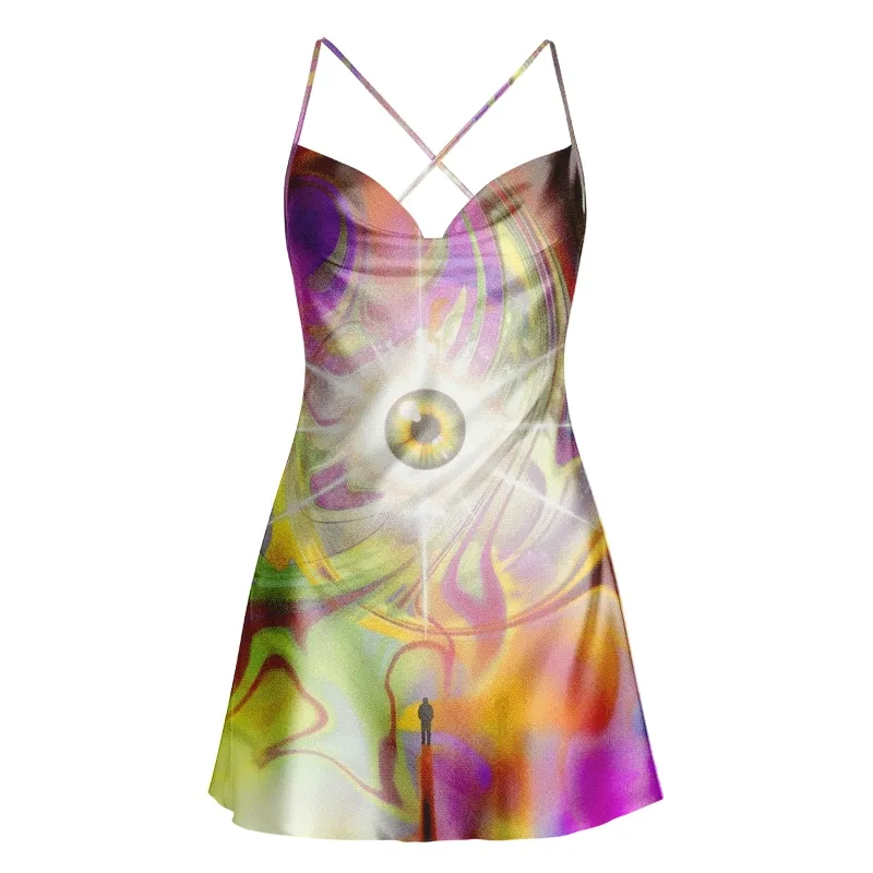 Soulisfree Acid Swirl Cosmic Eye Cowl Neck Satin Mini Dress