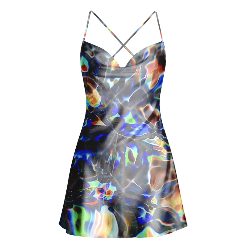 Soulisfree Cyber Rainbow Prism Cowl Neck Satin Mini Dress