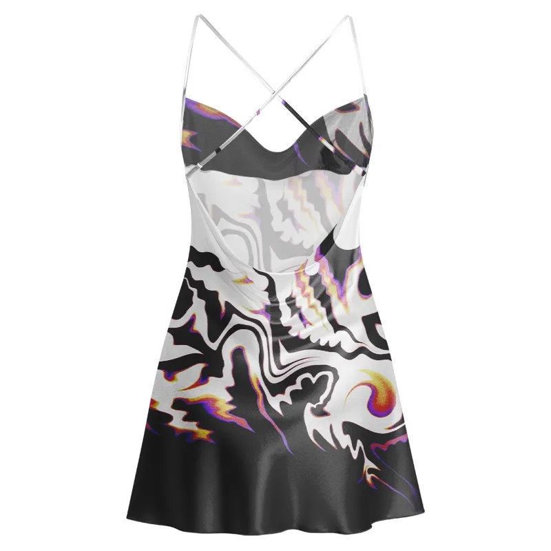 Soulisfree Neon Lava Swirl Split  Flower  Cowl Neck Satin Mini Dress