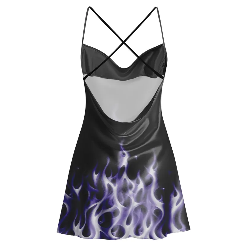 Soulisfree Purple Flame Cowl Neck Satin Mini Dress