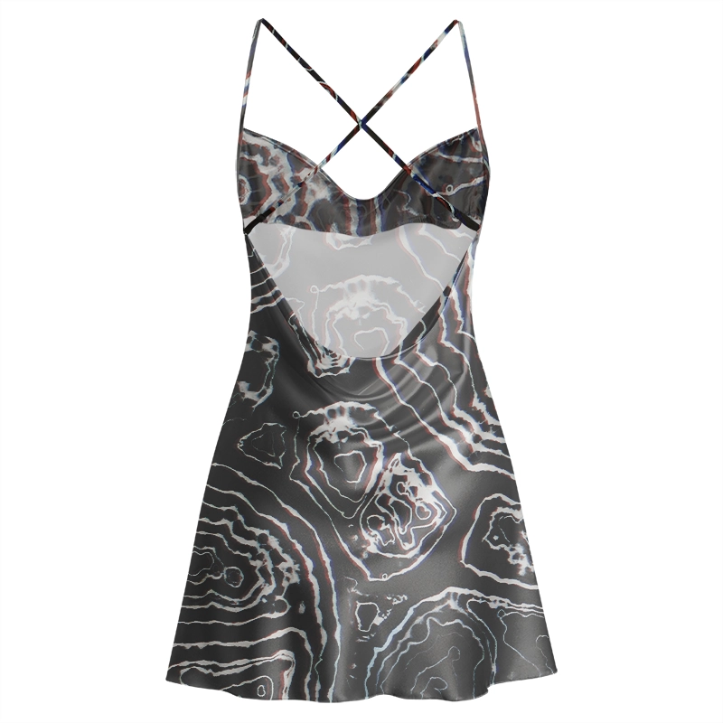 Soulisfree Holographic Topographic Lines Cowl Neck Satin Mini Dress