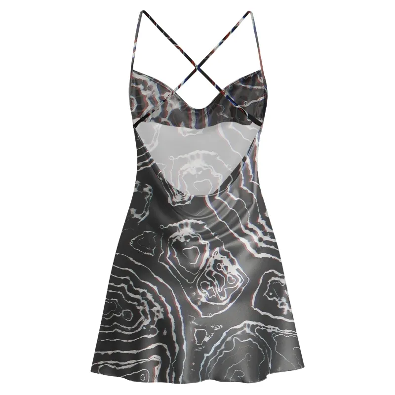 Soulisfree Holographic Topographic Lines Cowl Neck Satin Mini Dress