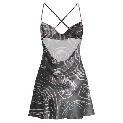 Soulisfree Holographic Topographic Lines Cowl Neck Satin Mini Dress