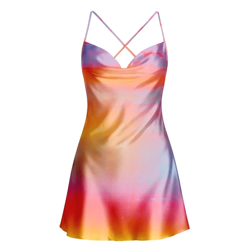 Soulisfree Warm Sunrise Cowl Neck Satin Mini Dress