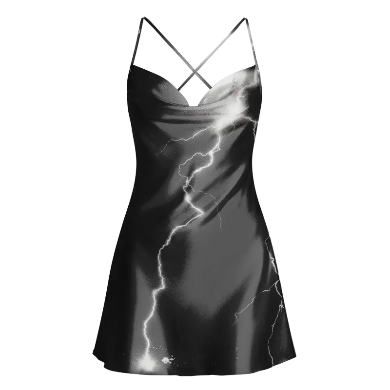 Soulisfree Stormy Lightning Bolt Cowl Neck Satin Mini Dress
