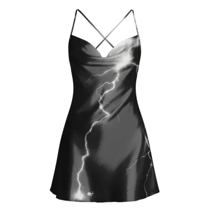 Soulisfree Stormy Lightning Bolt Cowl Neck Satin Mini Dress