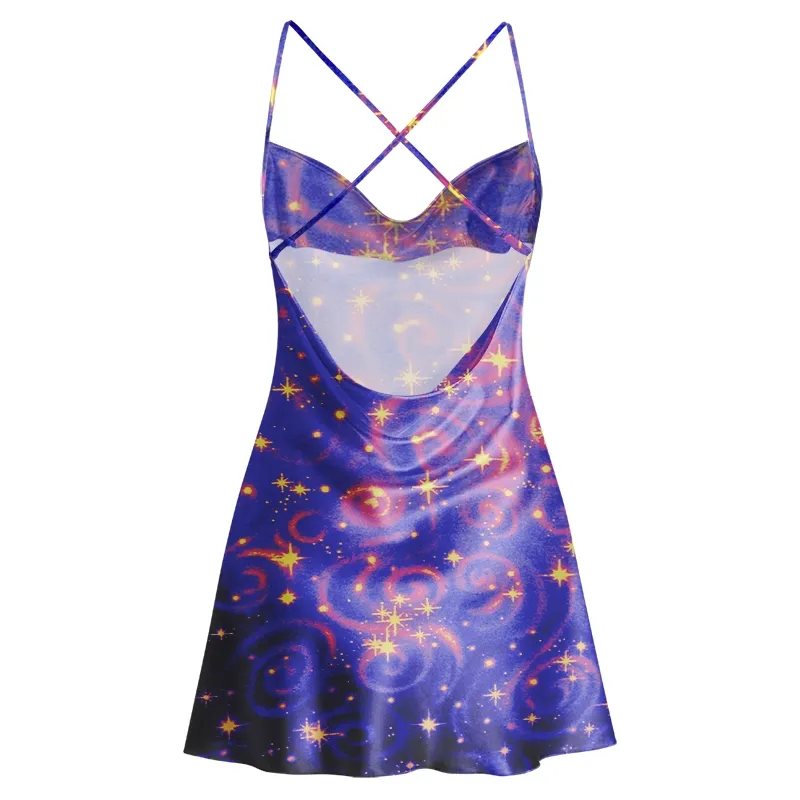 Soulisfree Dreamy Cosmic Stardust Cowl Neck Satin Mini Dress