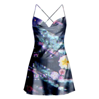 Soulisfree Dreamy Pixelated Blossom Waves Cowl Neck Satin Mini Dress