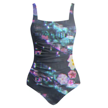 Soulisfree Dreamy Pixelated Blossom Waves Galaxy One‑Piece Swimsuit