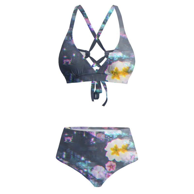 Soulisfree Dreamy Pixelated Blossom Waves Glitch Cross Bikini