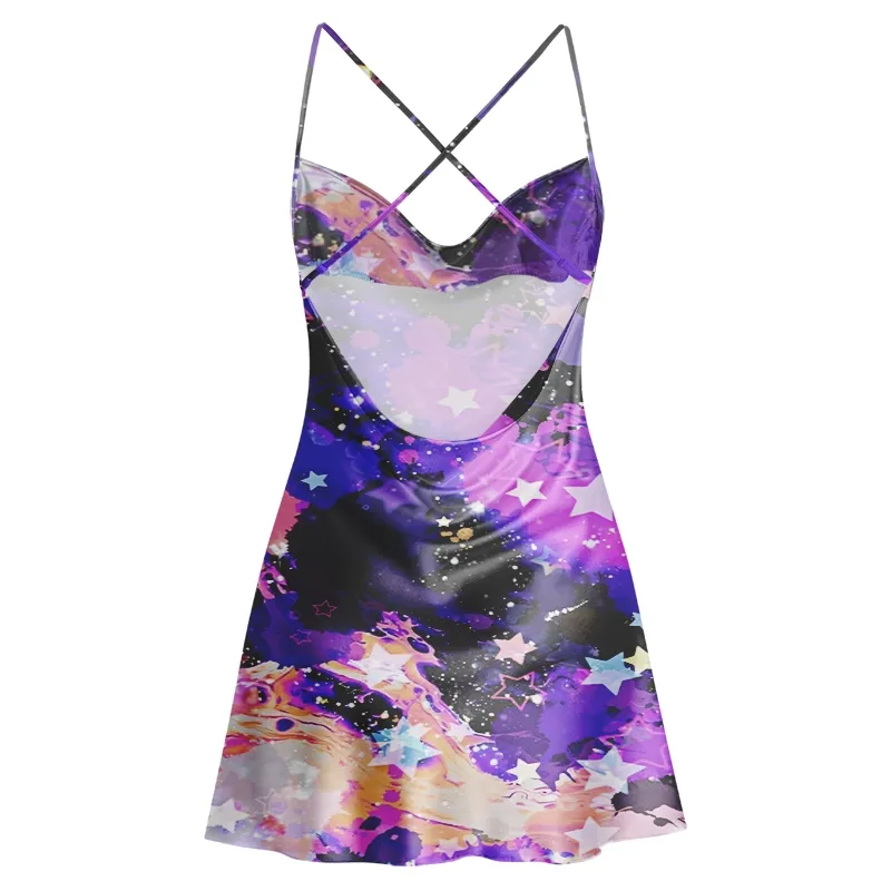 Soulisfree Neon Starburst Galaxy  Cowl Neck Satin Mini Dress