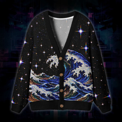 Soulisfree Waves Among The Stars Fuzzy Cardigan Sweater 