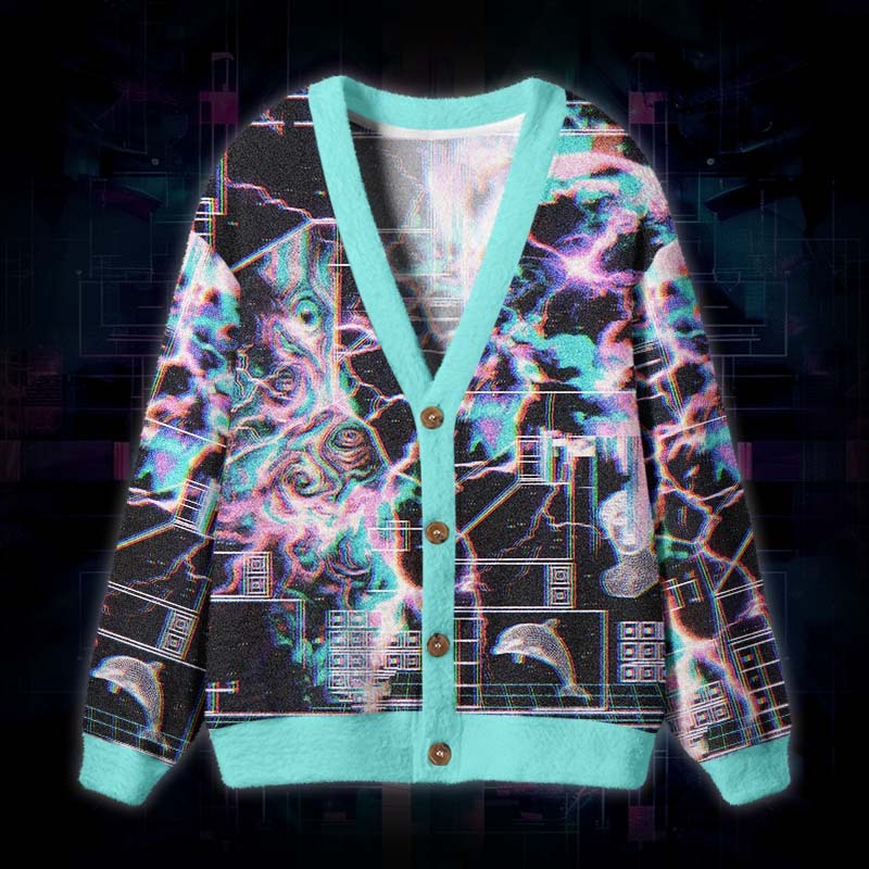 Soulisfree Digital Chaos Bloom Fuzzy Cardigan Sweater