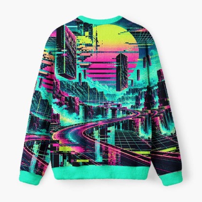 Soulisfree Neon Cyber City Fuzzy Crewneck Sweater