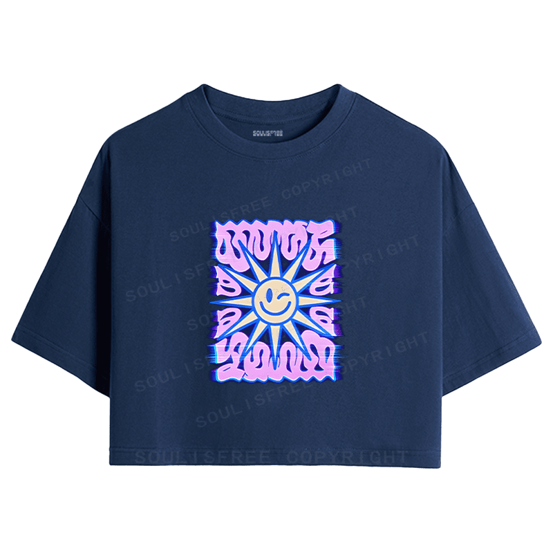 Soulisfree Smile Sun Color Border Illusion Crop Tee
