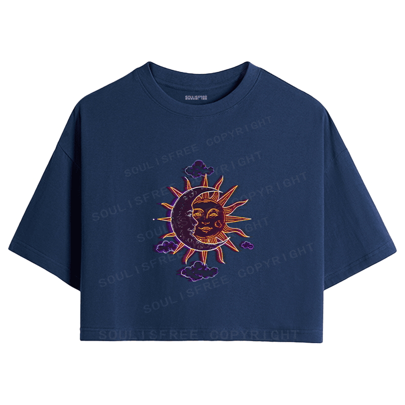 Soulisfree Celestial Duo Sun Moon Face Illusion Crop Tee