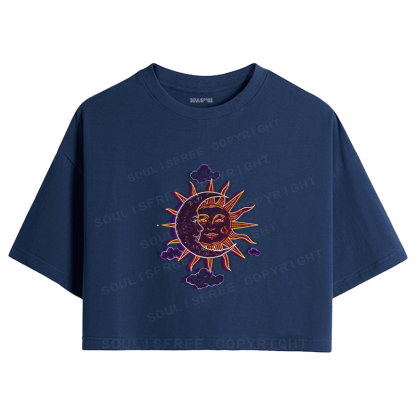 Soulisfree Celestial Duo Sun Moon Face Illusion Crop Tee