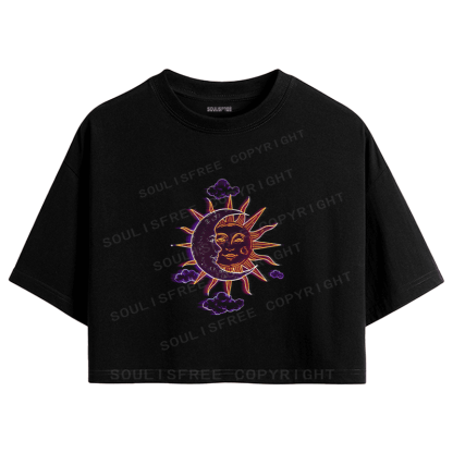 Soulisfree Celestial Duo Sun Moon Face Illusion Crop Tee