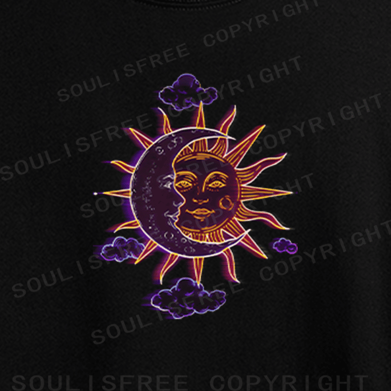 Soulisfree Celestial Duo Sun Moon Face Illusion Crop Tee