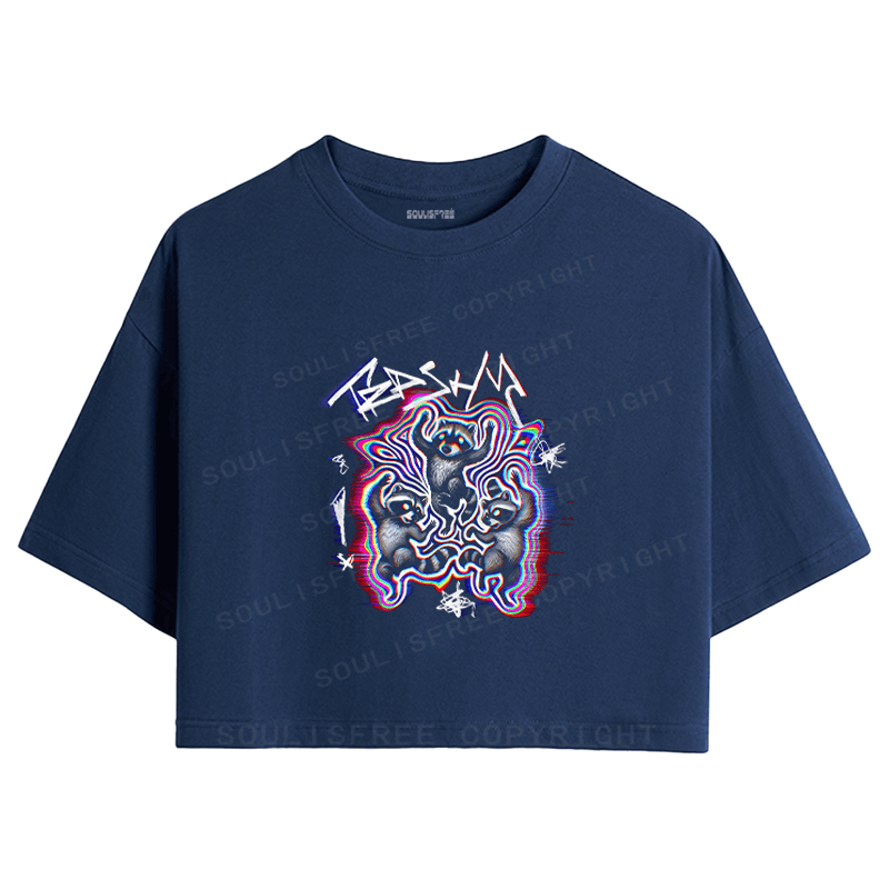 Soulisfree Triple Bear Psychedelic Wave Illusion Crop Tee