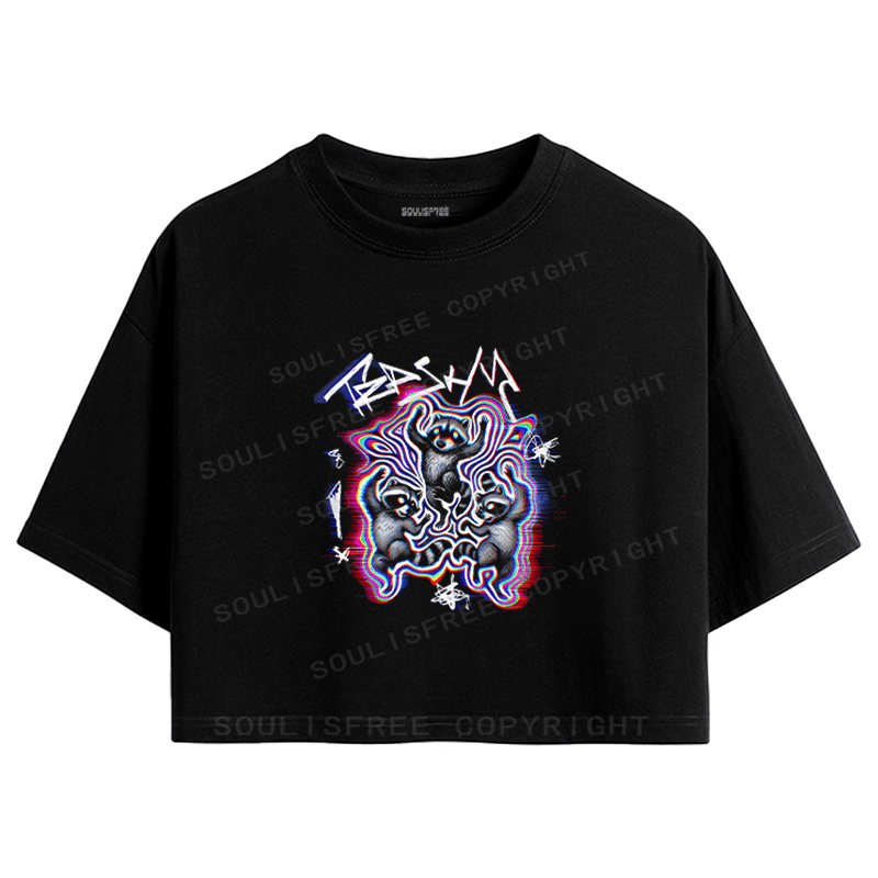 Soulisfree Triple Bear Psychedelic Wave Illusion Crop Tee